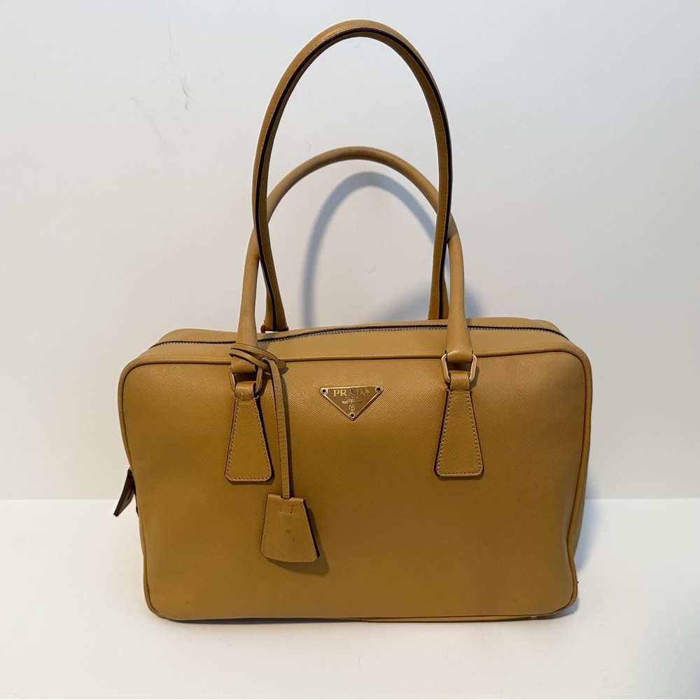 Prada Saffiano Lux Bowler Bag in Caramel